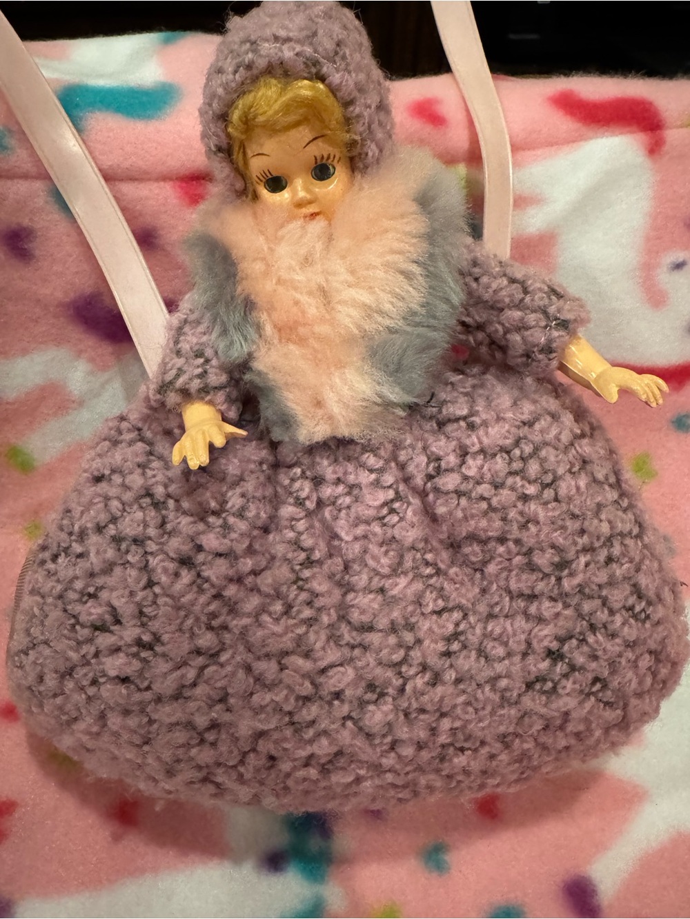 Vintage Plush Bouclé Doll-Muff Hand  Warmer  in Lavender with Faux-Fur Trim